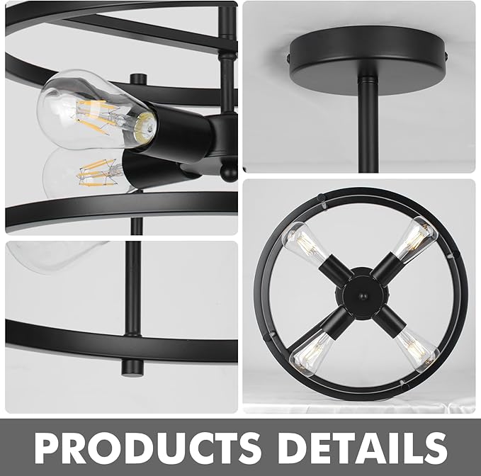16'' Semi Flush Mount Ceiling Light 4-Light Industrial Light Fixtures Ceiling Mount Black Chandelier Light Fxiture for Kitchen Dining Room Entryway Bedroom Living Room