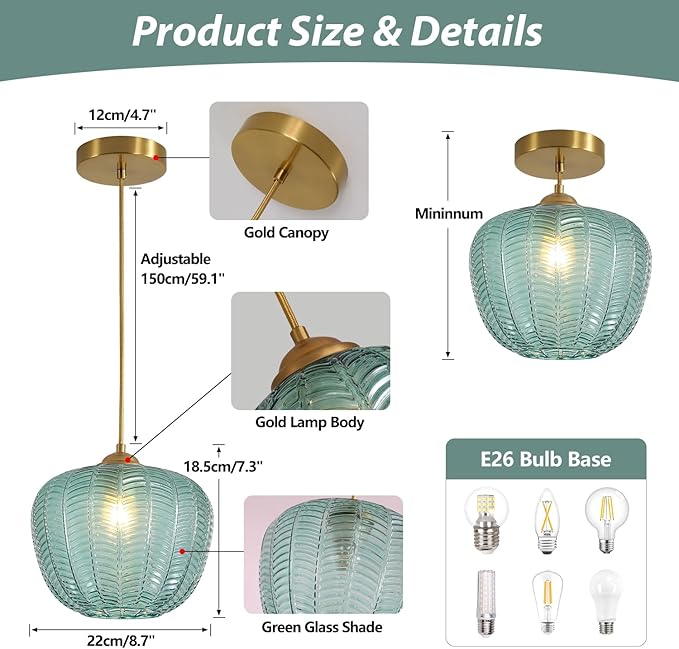 KCO Lighting Vintage Green Glass Pendant Light Gold Globe Pendant Lights Mid Century Modern Hanging Light Retro Pendant Light Fixtures