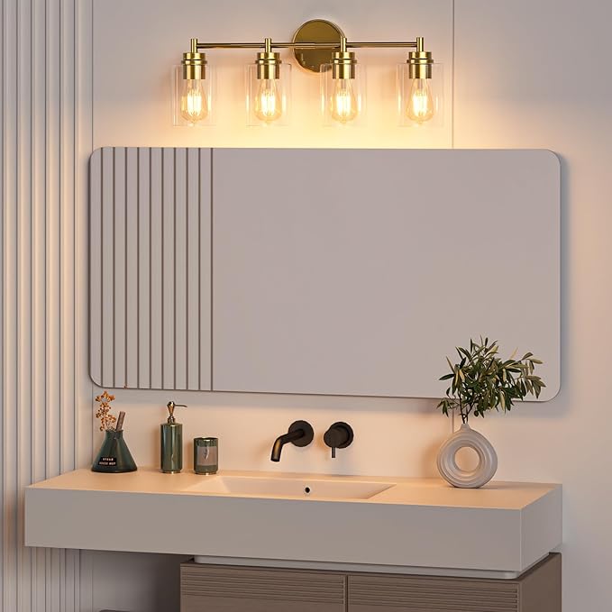 ChangM Bathroom Vanity Light Fixtures 4-Light, Brushed Gold Bathroom Light Fixture Over Mirror with Clear Glass Shade, Bathroom Wall Sconce Lamp for Living Room Porch Hallway(Not Incloud Bulb)