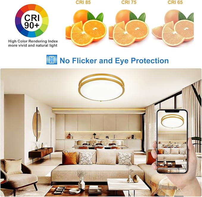 DLLT Flush Mount LED Ceiling Light: 16 Inch 5CCT (3000K-6000K) & Dimmable Ceiling Light Fixtures for Bedroom Hallway - 36W Modern Gold Super Bright Kitchen Lighting Fixtures Ceiling