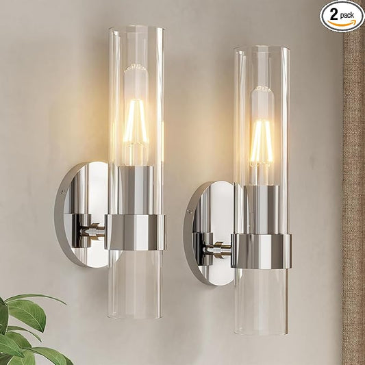 Wall Sconce Set of Two, Hardwired Bathroom Wall Sconces Lighting with Clear Glass, Modern Wall Sconces Set of 2 Wall Light fixtures for Bathroom Mirror Living Room Hallway Bedroom(Silver)