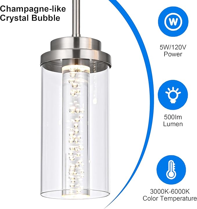 MELUCEE 5-Lights Led Chandelier, Kitchen Island Lighting Brushed Nickel Linear Chandelier with Clear Glass Shade, Large Pendant Lighting for Dining Room Over Table, 3000K-6000K Adjustable, 25W