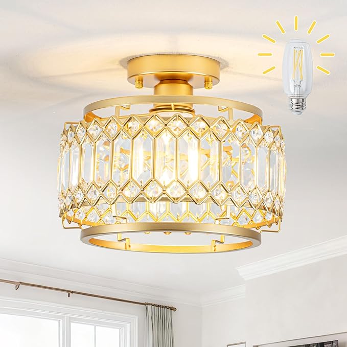 Modern Gold Crystal Flush Mount Ceiling Light with LED Bulb (50% Brighter) – 11.4" Dimmable Chandelier for Dining Room, Bedroom – Reinforced Iron Frame & K9 Crystals – Easy Install