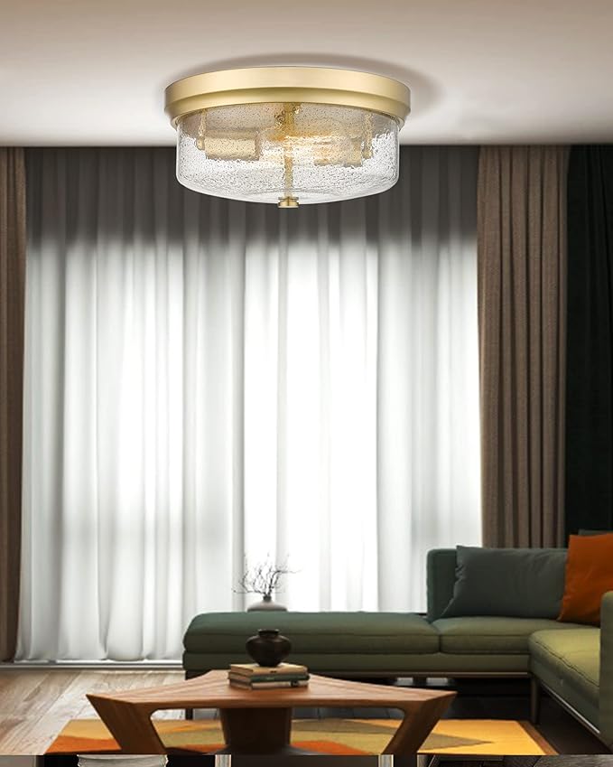 CALDION Gold Close to Ceiling Light Fixtures, 12 inch Flush Mount Hallway Light Fixture Gold Finish with Seeded Glass Shade Bedroom Ceiling Lights for Dining Room Kitchen Laundry Bathroom