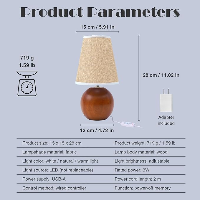Vintage Wooden Base Fabric Night Lamp, Adjustable Light Color and Brightness with Power-Off Memory, Safe USB Powered, Retro LED Table Light for Bedroom Living Room Office (Flax Yellow)