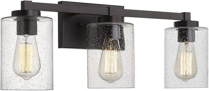 Beionxii Bathroom Vanity Lights, 3-Light Vintage Wall Sconce Light Fixtures, Oil Rubbed Bronze Finish with Clear Seeded Glass (24.5" W x 8.7" H) - MB9002 Series