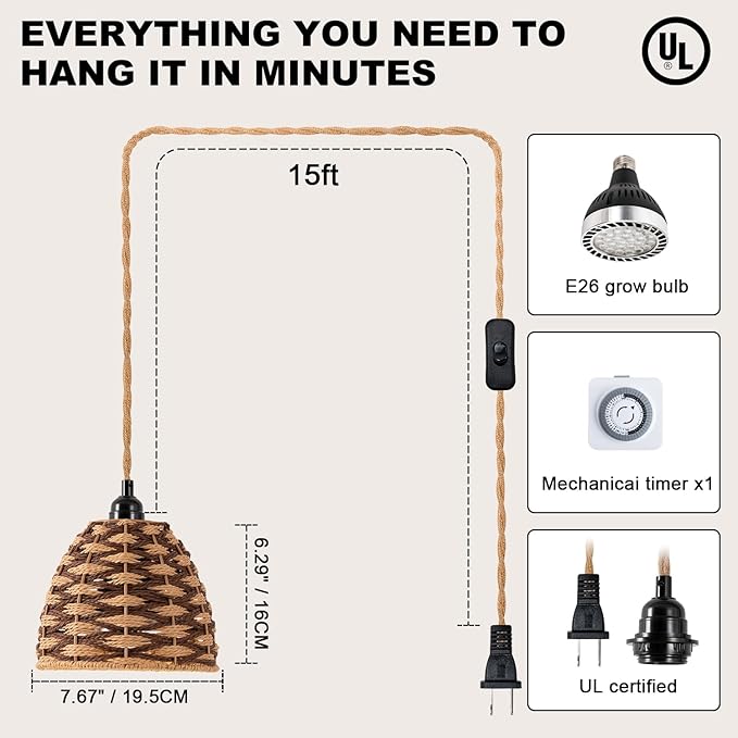 Hanging Indoor Plant Pendant Light 30W, Full Spectrum Growth Light, with Timer Hanging, Equipped with 15FT Power Cord, Pendant led Plant Lights， Garden, Flowers（4000k）