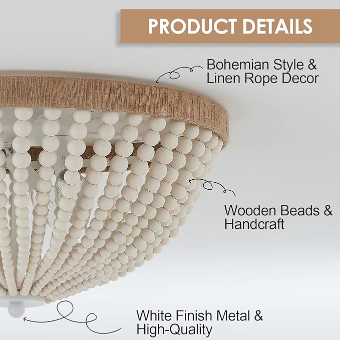 Dia 14.96" Boho Flush Mount Light Fixture Wood Bead, Farmhouse Chandelier, Antique Rustic Ceiling Light Fixture for Kitchen Hallway Entryway Laundry Bedroom Nursery Passway