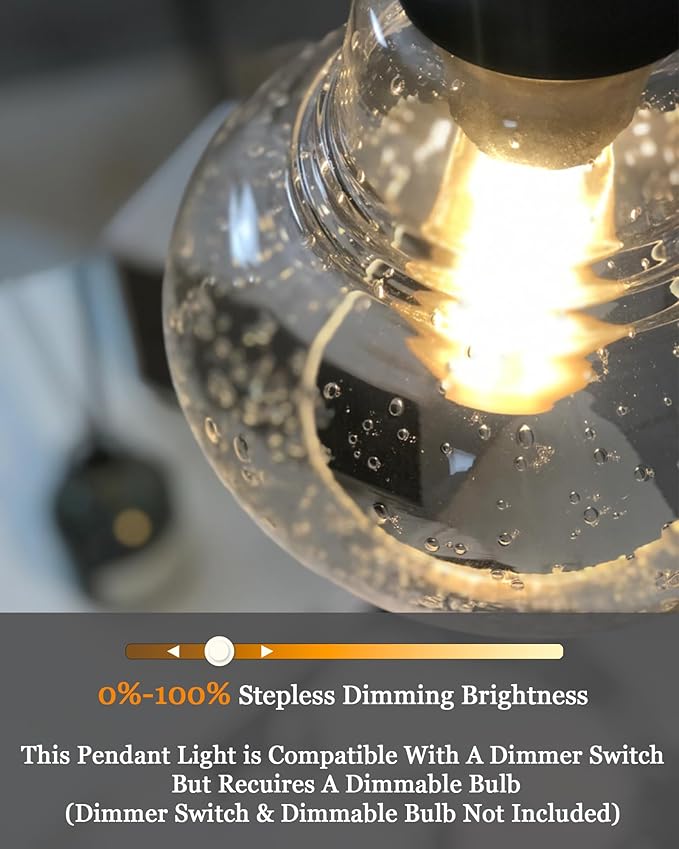 ELYONA 2 Pack Bubble Glass Pendant Light 8 inch Industrial Kitchen Hanging Pendant Light Fxitures Modern Hand Blown Seeded Glass for Farmhouse Dining Room Bar Bedroom Living Room Black