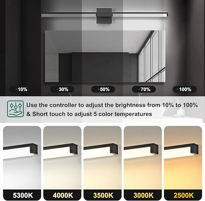 OKELI Modern Bathroom Light Fixtures Over Mirror, 40 Inch Matte Black Vanity Light Bar for Bathroom, 24W 5CCT Diammable Wall Light