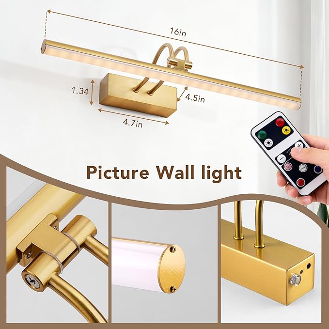 RAIFOOLLY Picture Light, 16inch Cordless Picture Lights for Wall with Timer and Dimmable, Battery Operated Wall Lights for Display Gallery Painting Art Frame Portrait, Metal, Dual Color Temperature