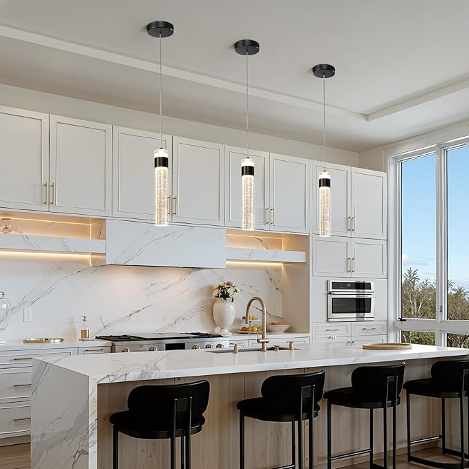 Black Pendant Lights Kitchen Island 3 Pack Crystal Hanging Pendant Light Fixtures with Crystal Bubble 3000K LED Modern Pendant Ceiling Lighting for Dining Room Restaurant Living Room Bedroom