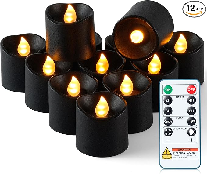 Homemory 12Pack 400+Hour Remote Control Flameless Candles, 2/4/6/8H Timer Led Votive Candles, Battery Operated Tea Lights for Wedding Table Centerpiece, Holidays, Halloween Pumpkins-Black Base