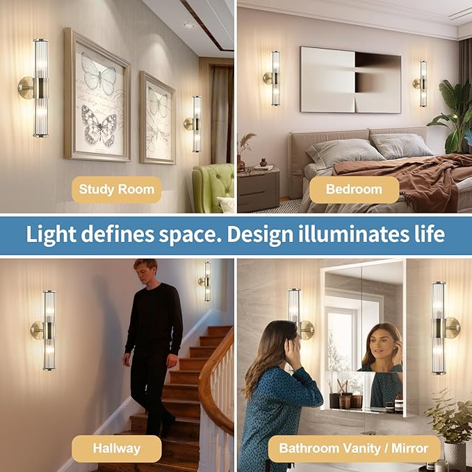 Modern Vanity Light Fixture, Brushed Bronze Wall Sconce with Glass Rod Shades, 2-Light Bathroom Mirror Lighting for Bronze Bathroom Light Fixture & Makeup Application (Bulbs Not Included)