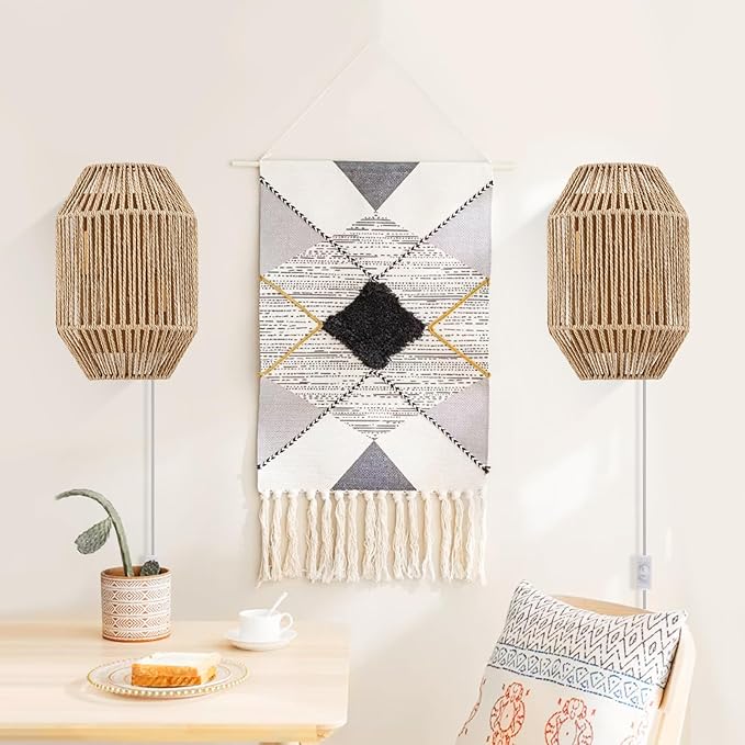 Natural Rattan Plug-in Wall Sconce Set of 2, with Boho Woven Wicker Shade Antique Brass Brush Paint Finish for Vanity Stairway Fireplace Living Room Bedside Passway Hallway