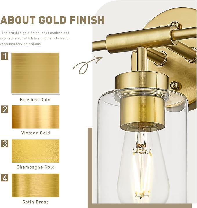 zeyu 3-Light Vanity Lighting Fixtures, Modern Vanity Lighting Fixtures Over Mirror with Cylinder Clear Glass Shade, Brushed Gold Finish, ZS62B-3W BG