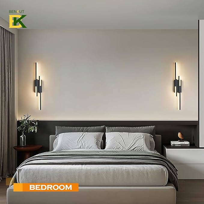 Benkut Modern LED Wall Sconce Black Remote Wall Light Fixtures for Bathroom, Dimmable Vanity Light Indoor LED Remote Wall Sconce for Bedside Bedroom Living Dining Room (27.6inch 3000-6500K 1 Pack)