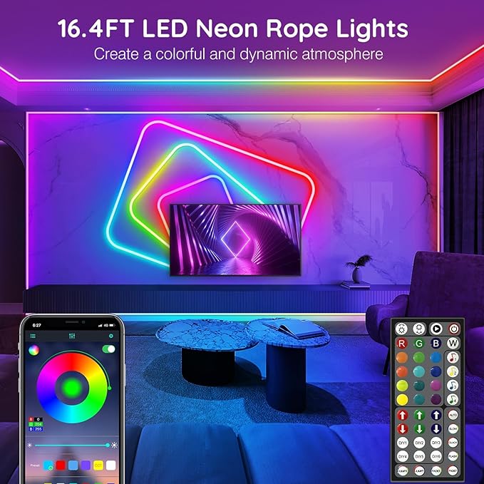 LETIANPAI 15Ft Neon Rope Lights,Flexible Led Rope Lights Control with App/Remote,Multiple Modes Music Sync Gaming RGB Led Neon Lights for Bedroom Outdoor