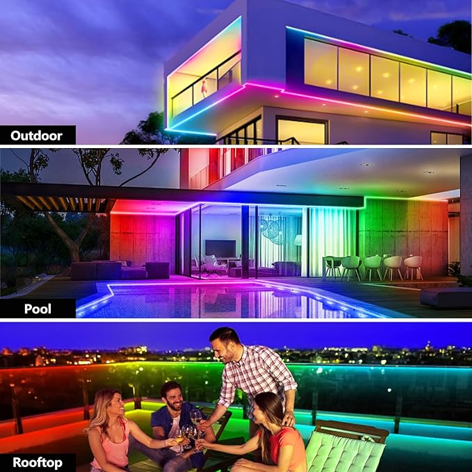 50FT Outdoor LED Strip Light Waterproof,IP68 Outside RGB Light Strip with App/Remote Control,Chase Mode,Music Sync Rope Light for Balcony,Deck,Rooftop,Garden,Pool
