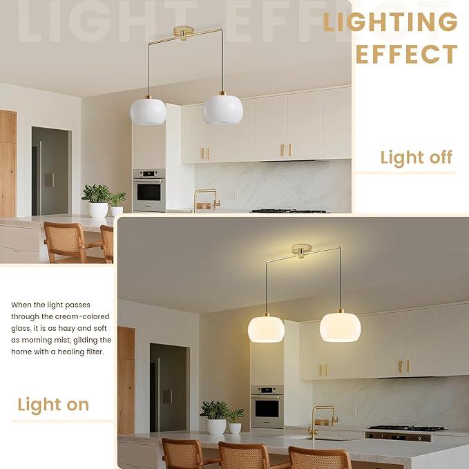 Modern Living Room Pendant Light 2-Light White Glass Pendant Light with Golden Brass Finished, Modern Adjustable Kitchen Island Light Fixture Gold Hanging Light for Dining Room Farmhouse