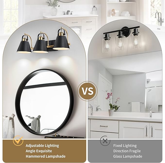 PAZALA Black and Gold Vanity Light, 3-Lights Farmhouse Vanity Light, Bathroom Light Fixtures Over Mirror, 24inch Modern Bathroom Wall lamp for Bath Mirror Living Room Cabinet Bedroom