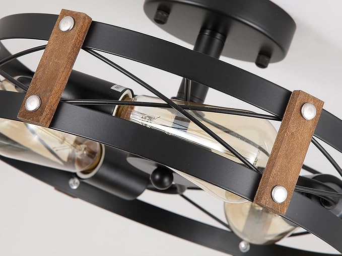 3-Light Rustic Farmhouse Wood Flush Mount Ceiling Light Fixture 13.6 inch Oak Wood and Metal Round Cage Semi Flush Mount Ceiling Light for Hallway Hall Entry Bedroom Kitchen Farmhouse, Black