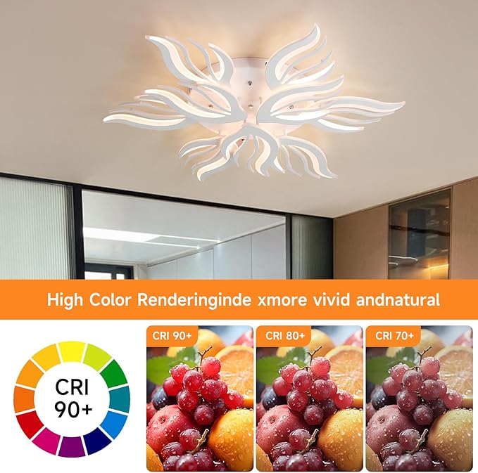 Becailyer Modren LED Ceiling Light, 75W Flower Shape Ceiling Lamp, 33.4" Dimmable Flush Mount Ceiling Lighting Fixtures, 9-Petals Close to Ceiling Light for Living Room Dining Room Bedroom, White
