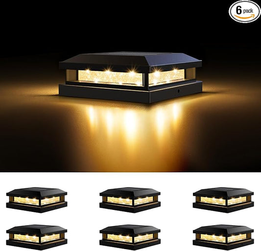 Brightever 4x4 Solar Post Cap Lights Outdoor 6 Packs, Waterproof Solar Powered Deck Post Lights for5x5 Wooden/Vinyl, Black Fence Lights with 16LEDs Warm White/Cool White for Outdoor Decoration