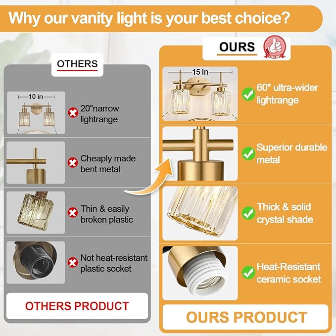 Modern Crystal Bathroom Vanity Light, 2-Light Brushed Gold Bathroom Light Fixtures with Clear Shades, Vanity Lighting Fixtures Over Mirror (Exclude Bulb)