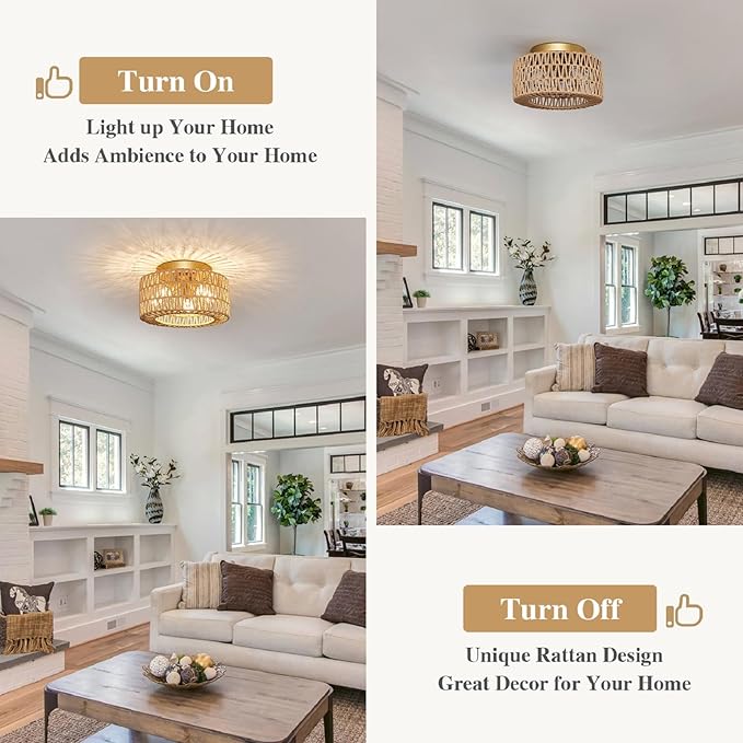 Rattan Light Fixtures Ceiling Mount, 3-Lights Boho Flush Mount Ceiling Light, Hand-Woven Cage Shade Lamp Lighting, Rustic Rattan Chandelier for Hallway Bedroom Kitchen Farmhouse Foyer Entryway (Gold)