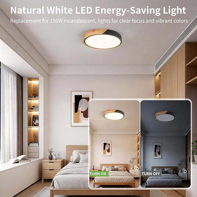 Modern LED Ceiling Light for Bedroom: Minimalist Wood Flush Mount Ceiling Light Fixture with Acrylic Lampshade - 4500K Not Dimmable Overhead Ceiling Lamps for kitchen hallway living room (11.8" Black)