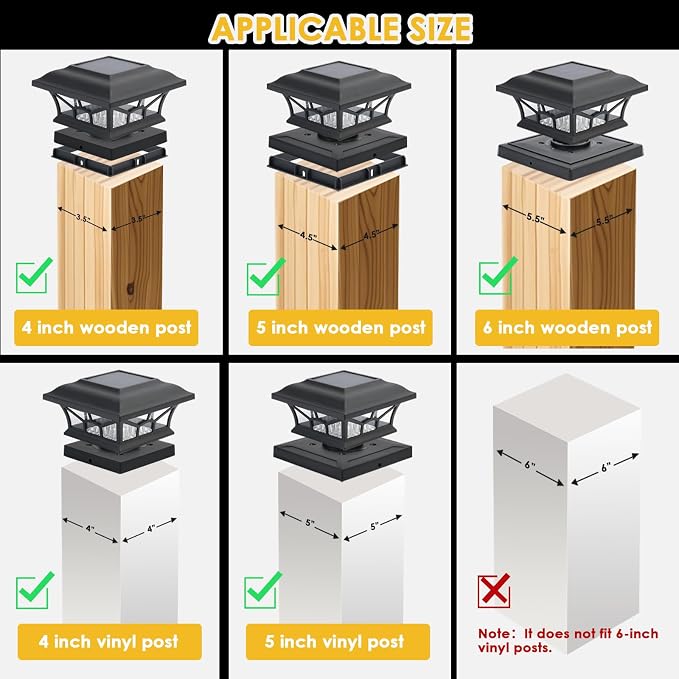4 Pack Solar Post Cap Lights Outdoor Waterproof, Fits 4x4, 5x5, 6x6 Wooden & Vinyl Fence Decks with Warm & Cool White Light Modes.(Classic Black,4)