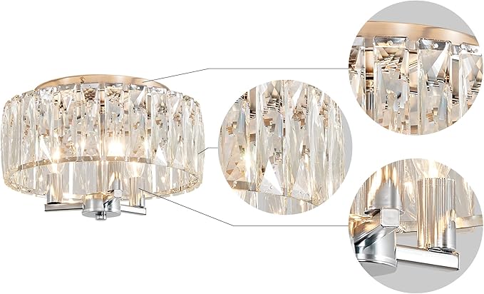 AGV LIGHTING CL002C K9 Crystal Flush Mount Ceiling Light Fixture, Perfect for Living Room, Bedroom, Dining Room, Chrome Finish