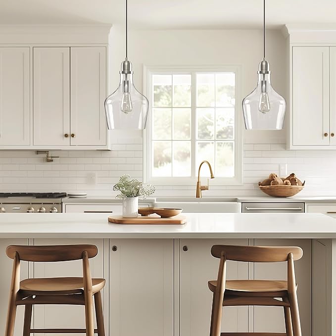 INK+IVY Auburn Pendant Kitchen Lighting for Dining Room, Industrial Lights, Hand-blown Glass Bell Shaped Pendant Light for Kitchen Island, Foyer, Bedroom, 9" Dia x 95.5" H, Silver/Clear