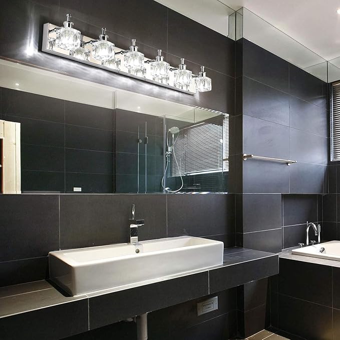 PRESDE Modern 6 Light Bathroom Vanity Lights for Bathroom Lighting fixtures Over Mirror LED Chrome Crystal Vanity Wall Light