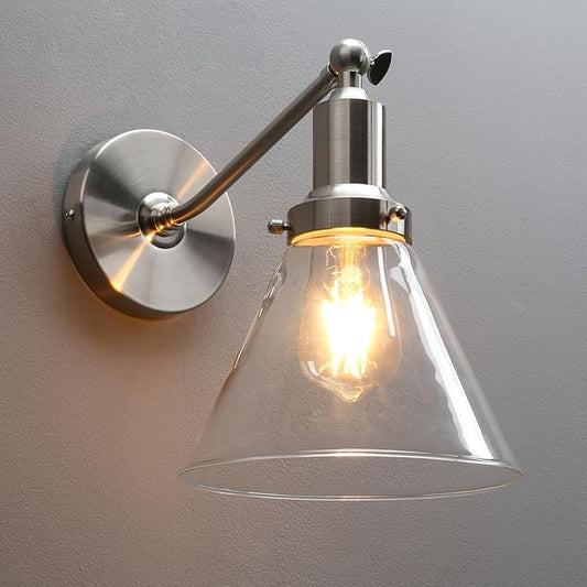 PERMO Industrial Vintage Slope Pole Wall Mount Single Sconce with Funnel Flared Clear Glass Shade Brushed Wall Sconce Light Lamp Fixture