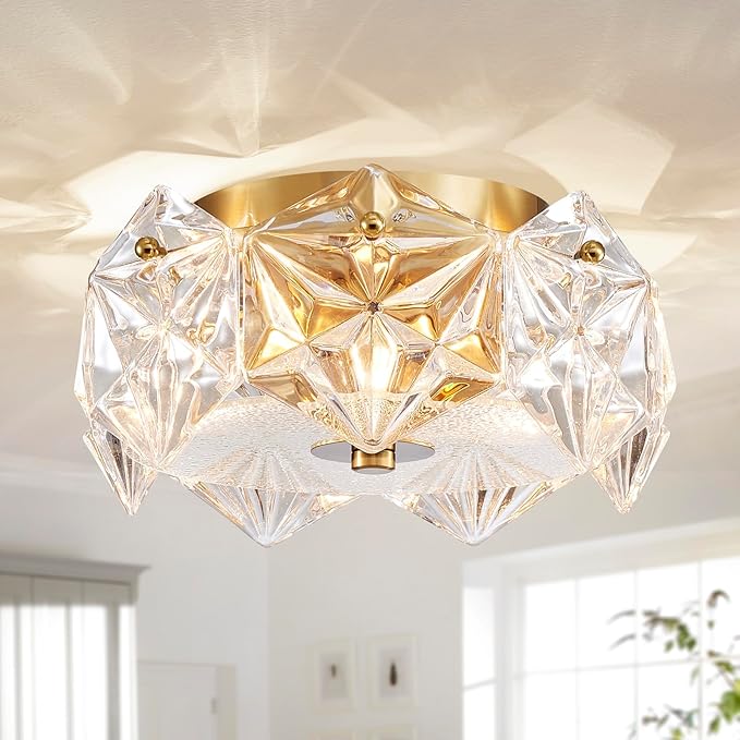 AGV LIGHTING CL058 Flushmount Ceiling Light Fixture, Close to Ceiling, Modern Design, 2-Lights, D9 x H5, Perfect for Living Room, Shield Shaped Glass Shade & Gold Finish Frame