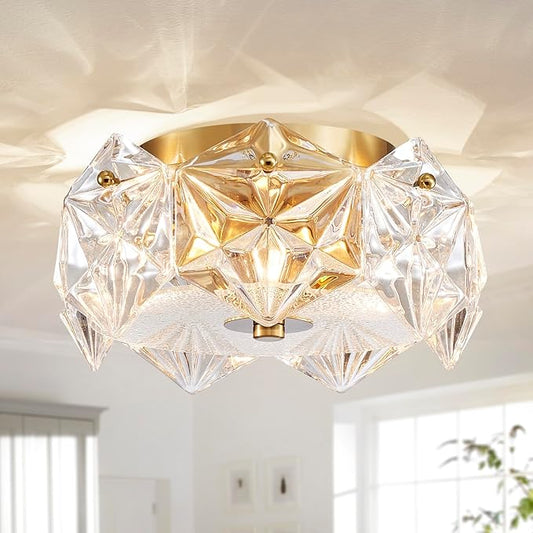 AGV LIGHTING CL058 Flushmount Ceiling Light Fixture, Close to Ceiling, Modern Design, 2-Lights, D9 x H5, Perfect for Living Room, Shield Shaped Glass Shade & Gold Finish Frame
