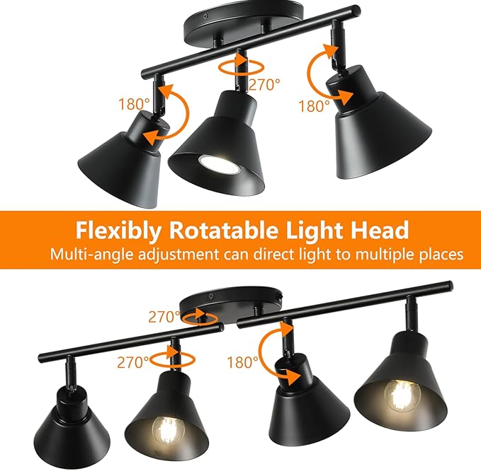 4 Light Plug in Track Lighting Kit,Modern Plug in Ceiling Light Fixture,16.4ft Cord,Timer & Dimming Switch,4 Way Ceiling Spot Lighting,Flexibly Rotatable Light Head (Black)