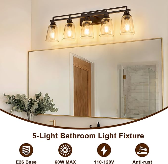 Refice 5-Light Bathroom Vanity Lights, Bathroom Light Fixtures with Clear Glass Shades, Vintage Oil Rubbed Bronze Wall Sconces Over Mirror for Living Room, Farmhouse, Hallway