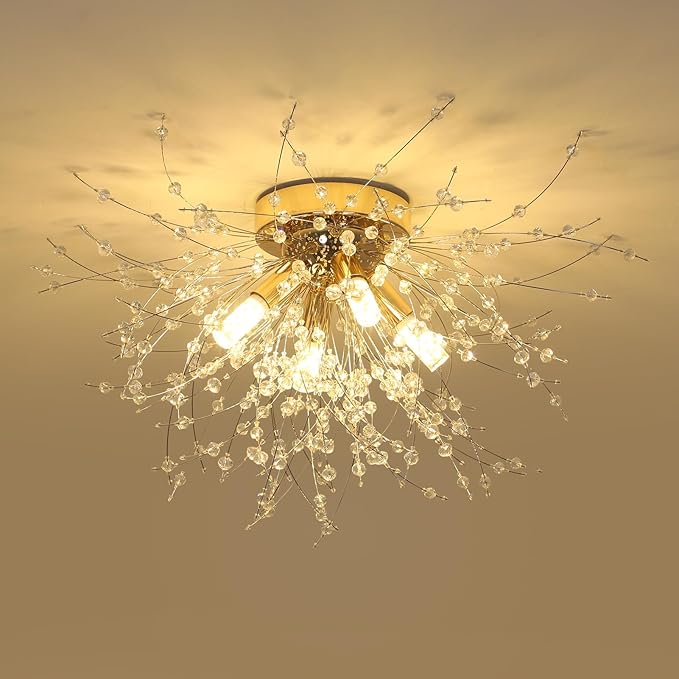 HMVPL Gold Crystal Flush Mount Ceiling Light, 4-Light Brass Mini Chandelier Light Fixture,Modern Sputnik Ceiling Light,Golden Light Fixture for Hallway Kitchen Foyer Nursery Closet Bedroom Dining Room
