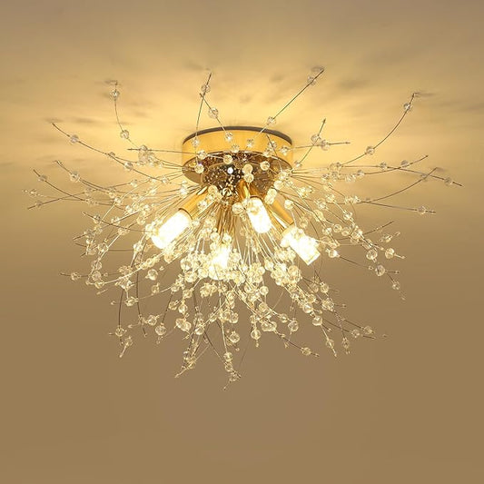 HMVPL Gold Crystal Flush Mount Ceiling Light, 4-Light Brass Mini Chandelier Light Fixture,Modern Sputnik Ceiling Light,Golden Light Fixture for Hallway Kitchen Foyer Nursery Closet Bedroom Dining Room
