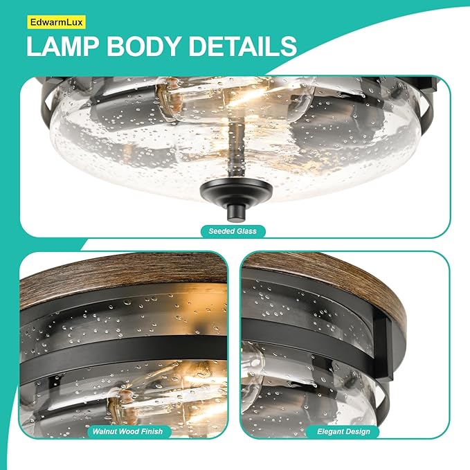 Edwarmlux Flush Mount Ceiling Lights, 2-Light Farmhouse Close to Ceiling Light, Industrial Ceiling Lighting Fixture for Kitchen Hallway Bedroom Living Room Stairways Porch (Seeded Glass)