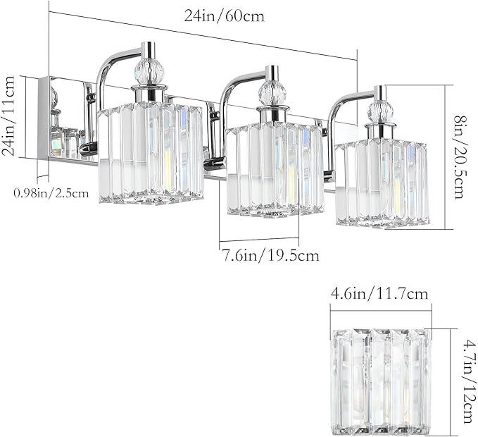 Ralbay Modern Crystal Vanity Light 3 Light 24''Bathroom Lights Fixtures Over Mirror Chrome Vanity Light for Bathroom Wall Lighting