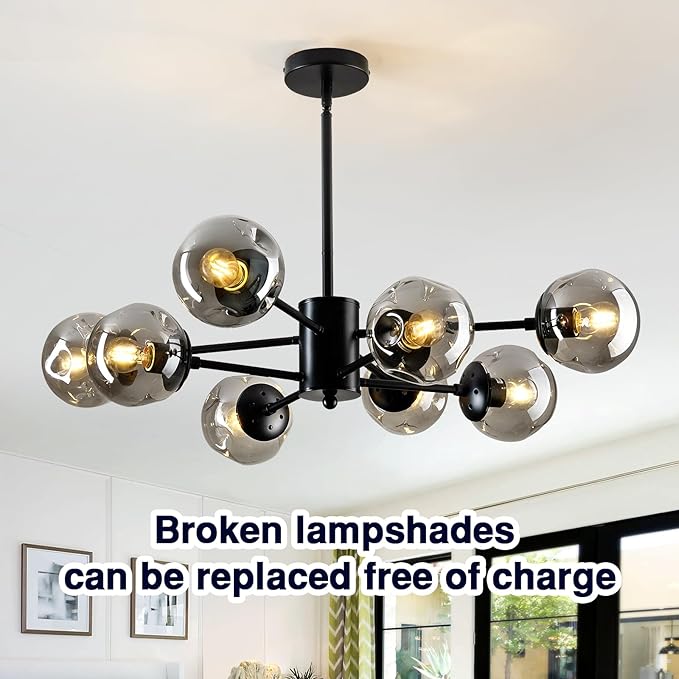SZXYKEJI 8-Light Sputnik Chandelier Black Mid Century Glass Globe Ceiling Light Fixture Modern Bubble Chandelier for Dining Room Living Room Kitchen Bedroom Farmhouse.