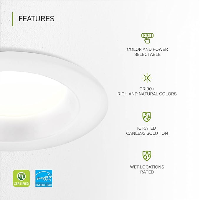 ASD 6 Inch Commercial Canless LED Downlight, Power Adjustable 10/15/22W Lighting, Dimmable Recessed Ceiling Light Fixture, 5 Color Temperatures 2700K-5000K, 120-277V IC Rated UL & Energy Star 8 Pack