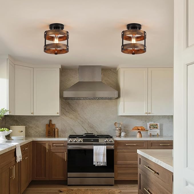 2 Pack Rustic Farmhouse Wood Flush Mount Ceiling Light Fixture Oak Wood and Metal Round Cage Small Semi Flush Mount Ceiling Light for Kitchen Hallway Entry Bedroom Country Farmhouse, Black