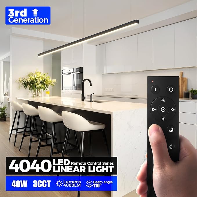 Barrina 4040 Remote Series LED Linear Light Fixture with Remote, 3rd-Generation, 4FT 40W Seamless Connection, 3000K-6000K Color Changing, Dimmable Pendant Lights for Bars Cafe Shop, Black, 4 Packs