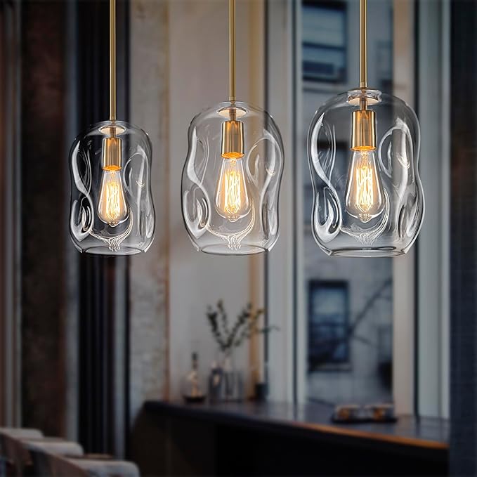 Glass Pendant Lights Kitchen Island -1 Light Gold Hanging Light Fixture Bar Modern Pendant Lighting Ceiling with 9.6" Height Clear Thick Organic Glass Shade for Kitchen Sink Dining Table,E26,1 Pack