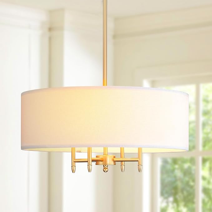 Untrammelife Drum Pendant Chandelier 4-Lights Gold Chandelier 20" Ceiling Hanging Light Fixture with White Shade, for Dining Room Living Room Bedroom Kitchen Island